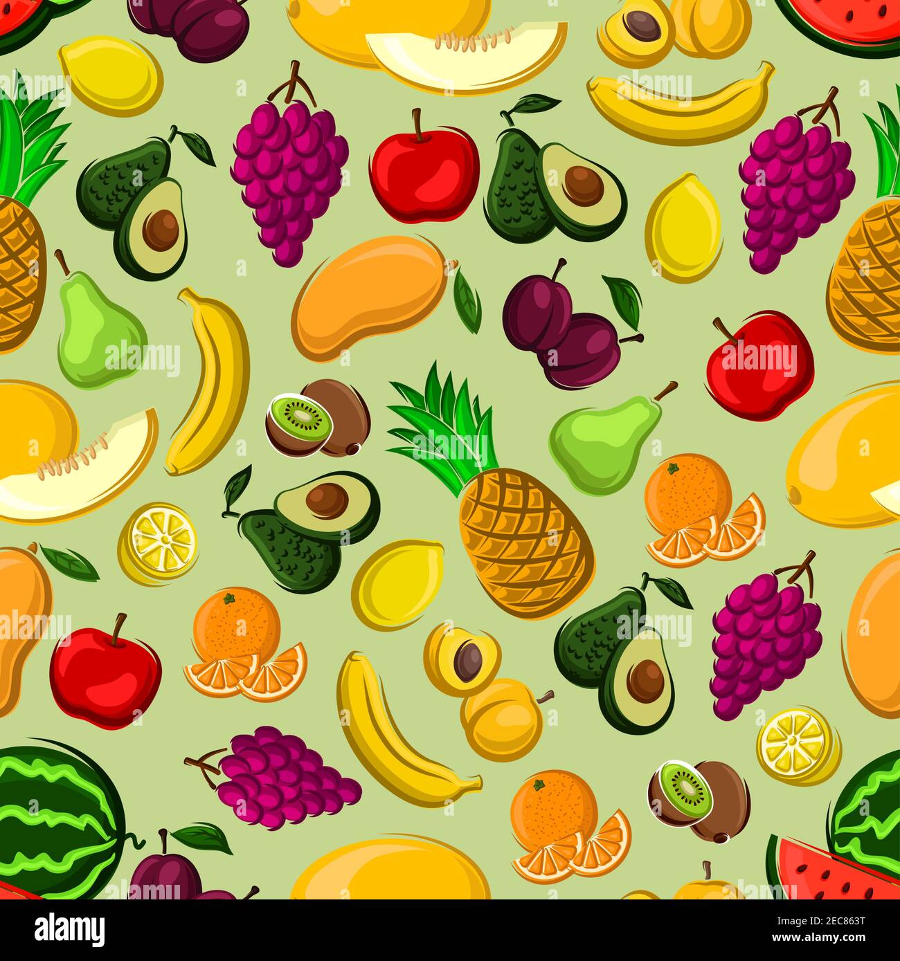 Frische Früchte nahtlose Muster aus Orange, Zitrone, Apfel, Banane, Ananas, Pfirsich, Trauben, Pflaume, Mango, Birne Wassermelone Kiwi Avocado und Melonenfrüchte auf Stock Vektor