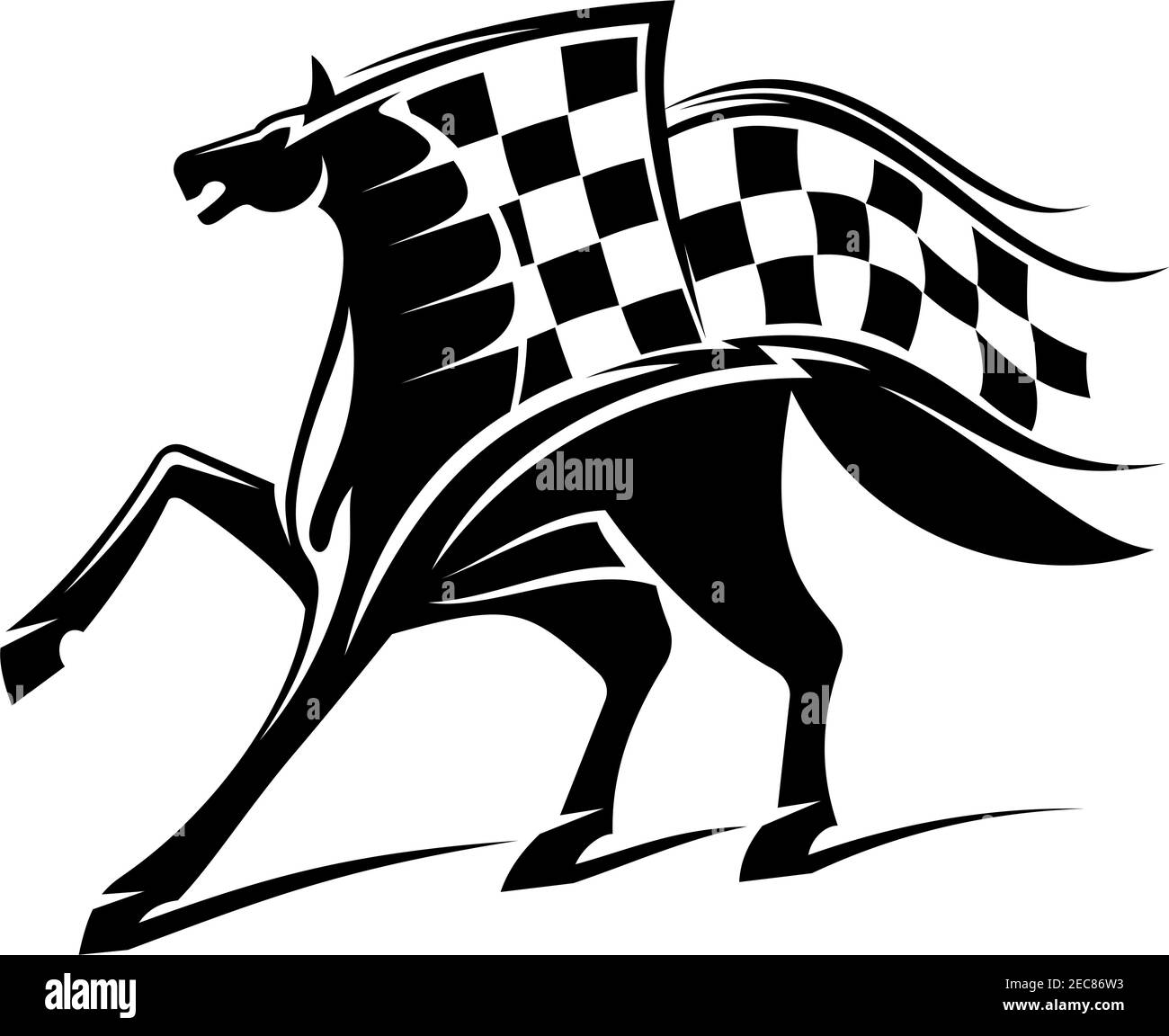 Pferd mit karierter Flagge. Pferderennen Vektor Emblem für Autorennen Symbol, Sport Club Label, Buchmacher Schild, Team Schild, Abzeichen Stock Vektor