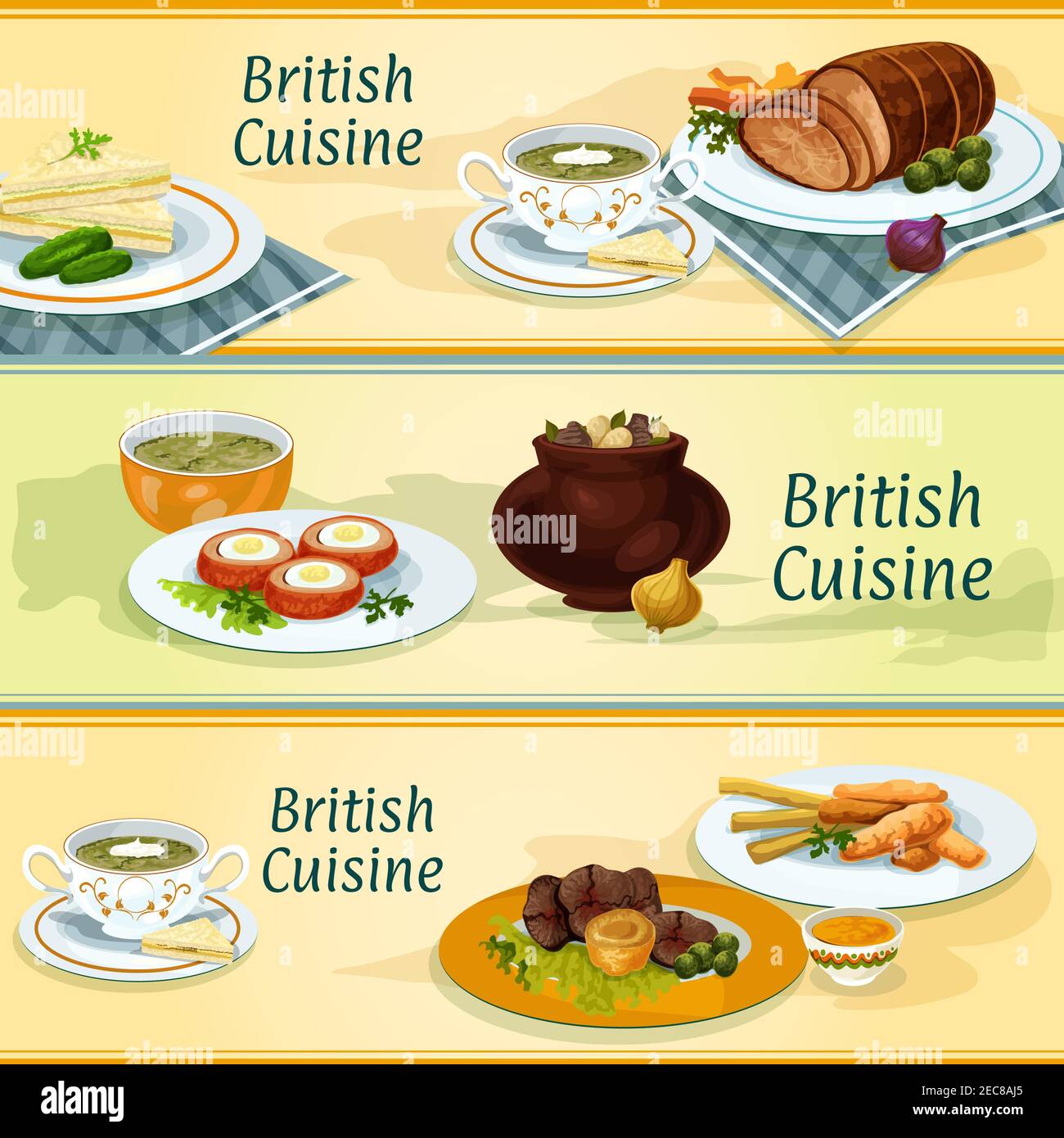 Britische Küche Banner mit Fisch und Kartoffelchips, irish Eintopf, Roastbeef mit yorkshire Pudding, gebackenes Rindfleisch, Gurken Sandwich, gebackenes schottisches Ei, Stock Vektor