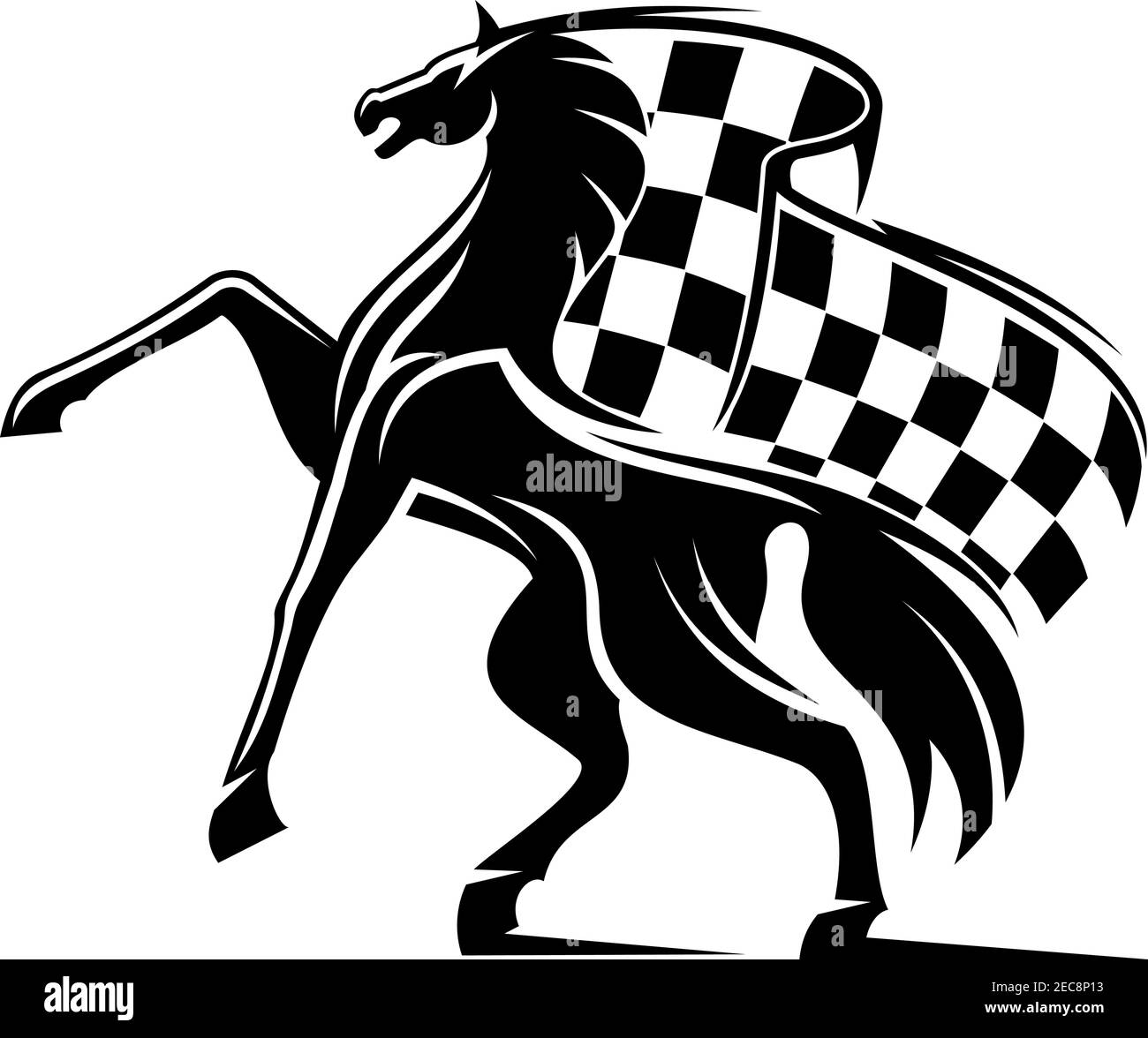 Pferd mit winkender karierter Flagge. Symbol für Hengst-Pferderennen. Auto-Rennen Vektor-Label für Sportverein, Buchmacher Schild, Team Schild, Abzeichen Stock Vektor