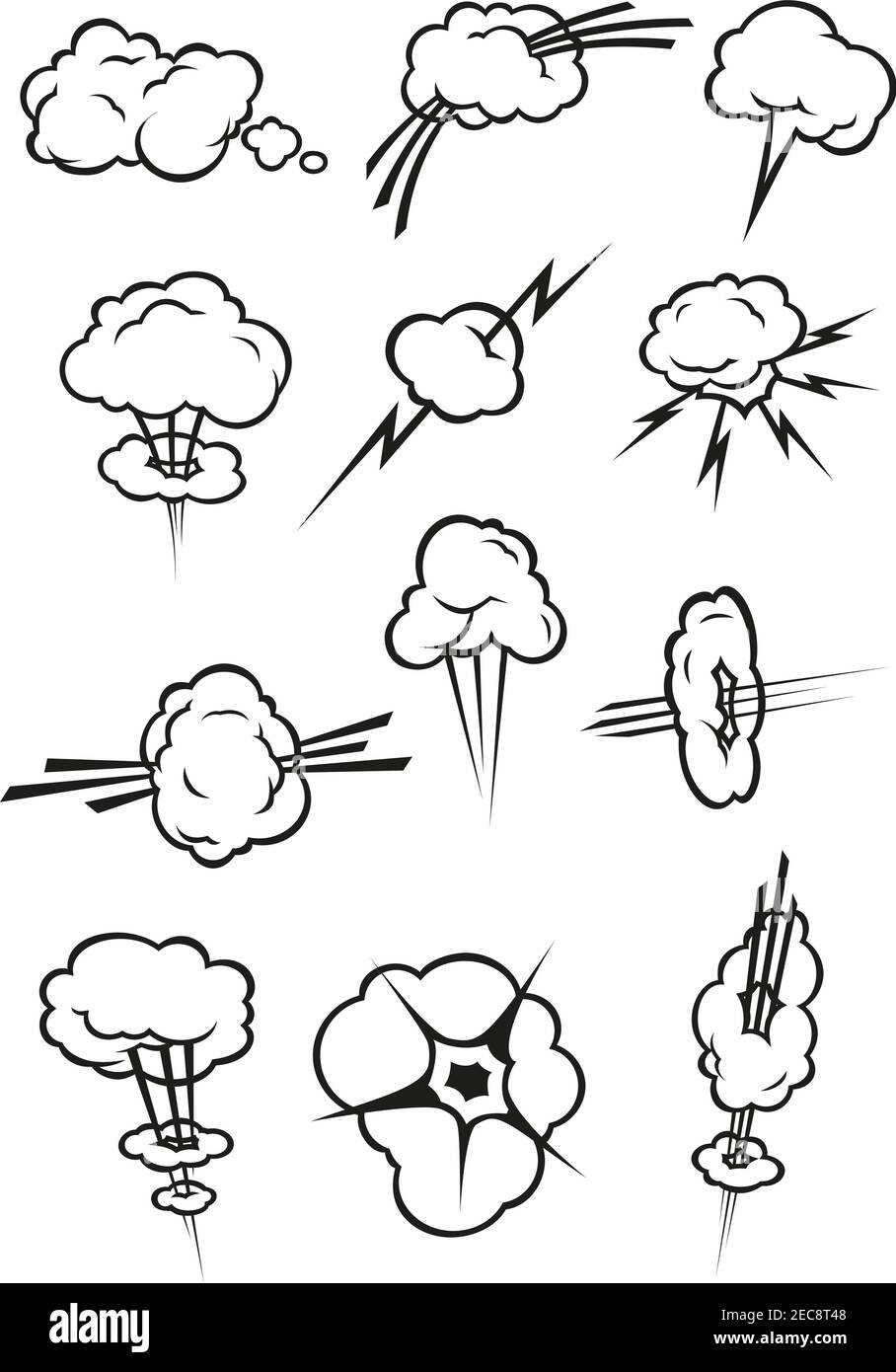 Cloud-Symbole im Comic-Stil. Isolierte Cumuluswolken umreißen in verschiedenen Formen und Formen von Rauchschwamm, Dampfdampf, Rauch, Explosion, thun Stock Vektor