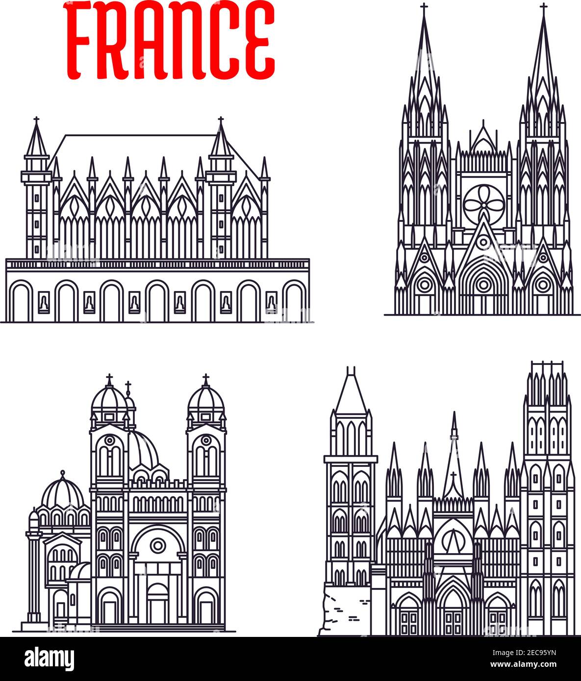 Historische Gebäude von Frankreich. Vektor dünne Linie Ikonen der Kathedrale von Marseille, Rouen Kathedrale, Saint-Ouen Abbey Church, Sainte-Chapelle. Französische Showpl Stock Vektor
