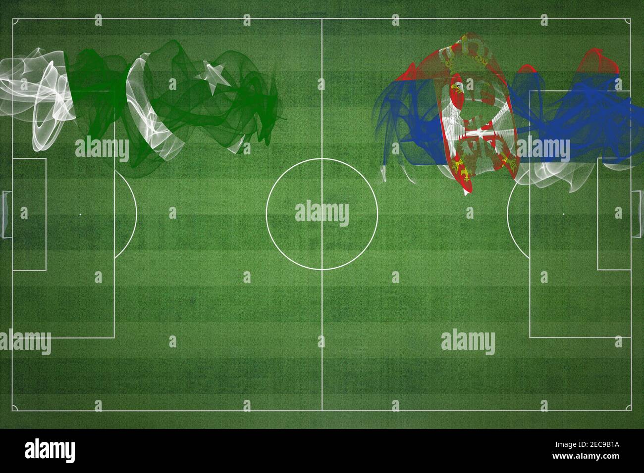 Pakistan vs Serbien Fußballspiel, Nationalfarben, Nationalflaggen, Fußballfeld, Fußballspiel, Wettbewerbskonzept, Kopierraum Stockfoto