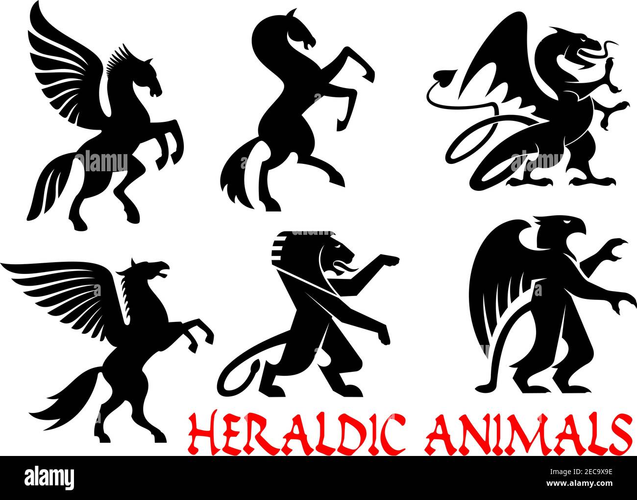 Heraldische mythische Tiere Ikonen. Vektor Silhouette Embleme. Griffin, Drache, Löwe, Pegasus, Pferd Heraldik für Tattoo, Schild Insignien Stock Vektor