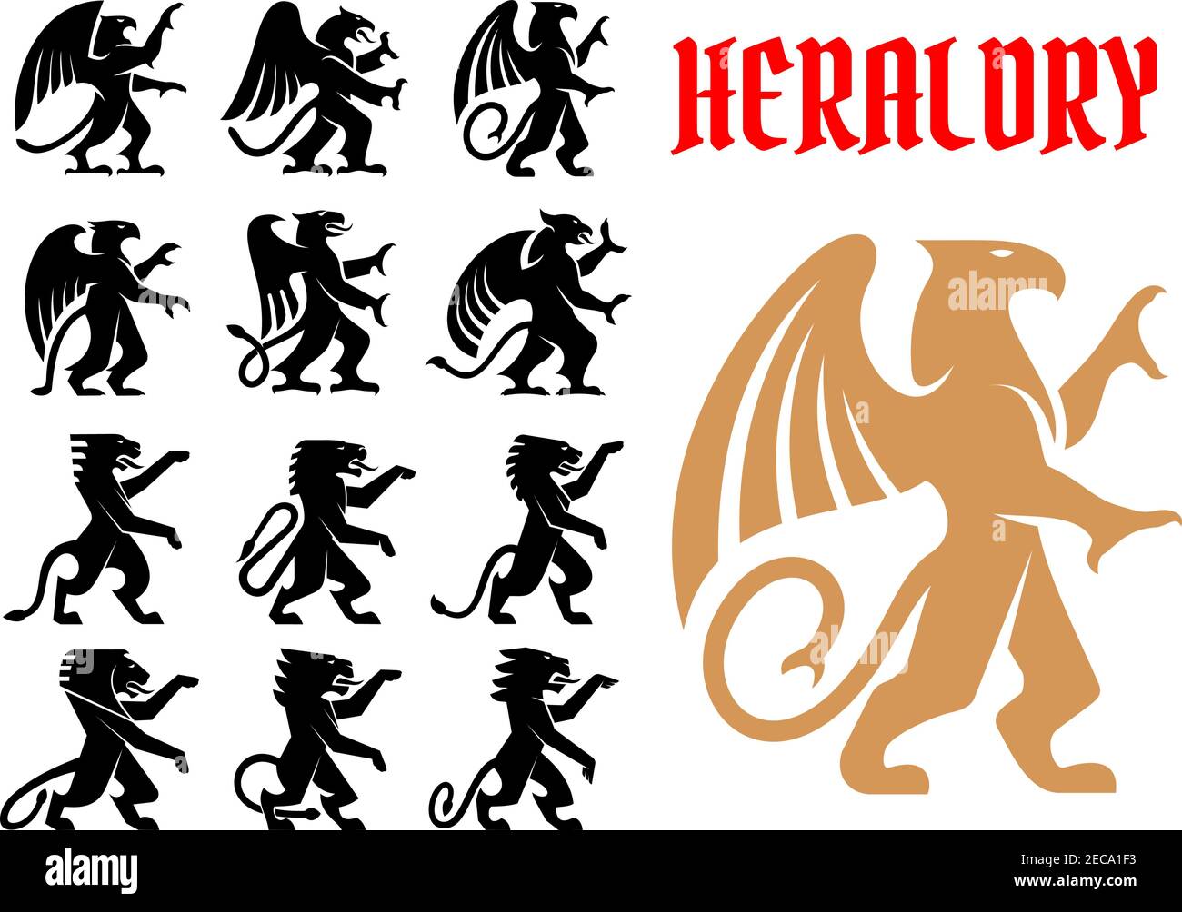 Heraldische mythische Tiere Ikonen Set. Vektor heraldry Emblem Silhouetten von Griffin, Drache, Löwe, Pegasus, Pferd für Tattoo, Schild Stock Vektor