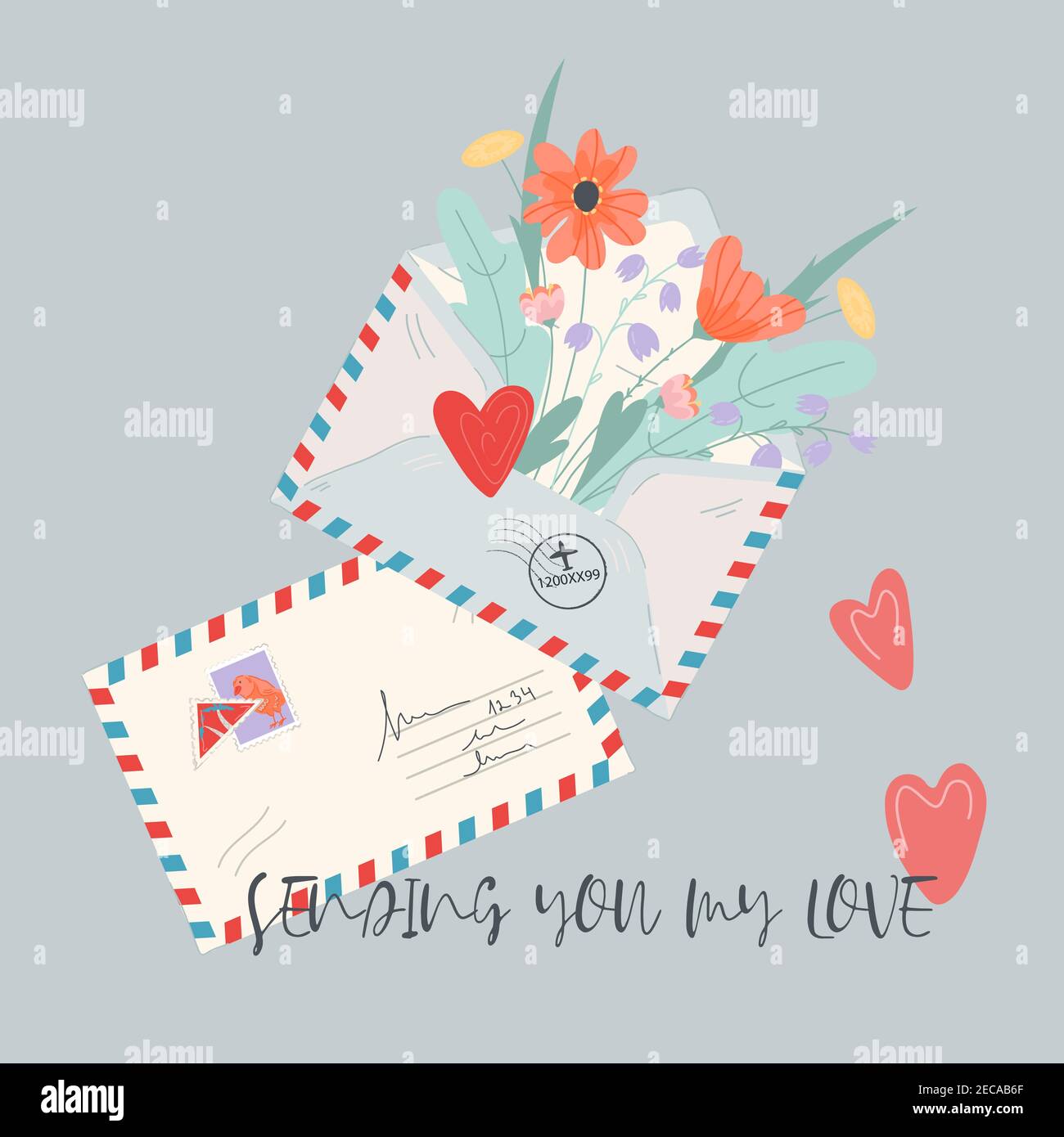 Grußkarte Design mit Liebe Brief mit Blumen flache Vektor-Illustration. Stock Vektor