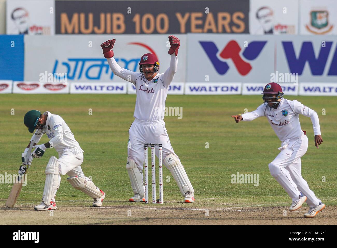 Dhaka, Bangladesch. Februar 2021, 13th. West Indies Cricketspieler Joshua Da Silva (M) und Kavem Hodge (R) feiern die Entlassung von Bangladeshs Liton das (L) am dritten Tag des zweiten Test Cricket-Spiels zwischen West Indies und Bangladesch im Sher-e-Bangla National Cricket Stadium. Kredit: SOPA Images Limited/Alamy Live Nachrichten Stockfoto