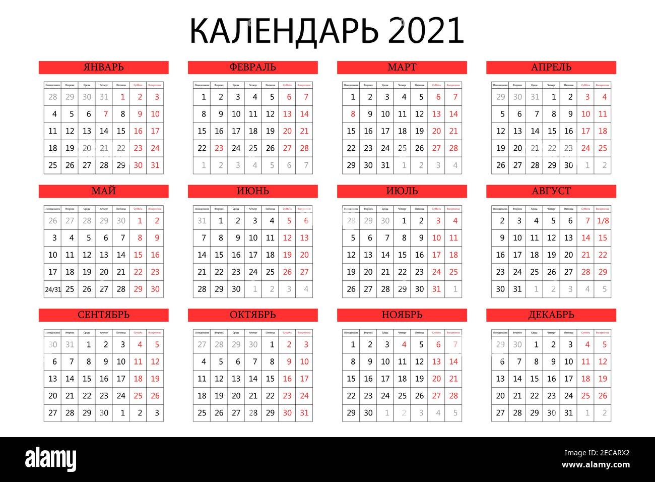 2021 Kalenderplaner. Firmenwoche. Vorlagenlayout, 12 Monate jährlich, weißer Hintergrund. Einfaches Design für Business-Broschüre, Flyer, Printmedien Stock Vektor