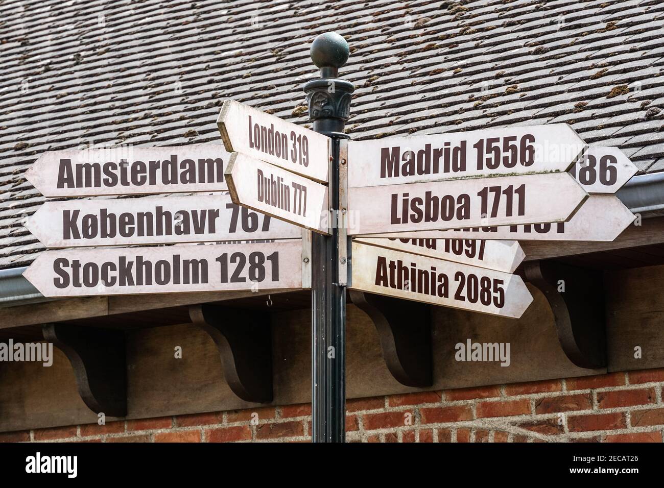 Wegweiser mit Wegweiser in Kilometern Entfernung zu verschiedenen europäischen Hauptstädten von Brüssel, Belgien Stockfoto