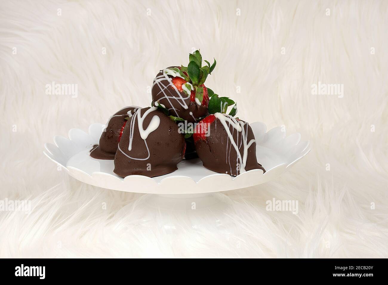 Mit Schokolade überzogene Erdbeeren auf weißem Podest Teller und Fell Stockfoto