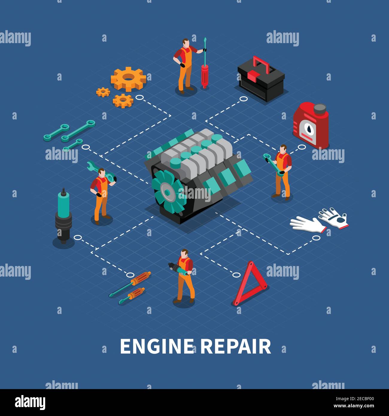 Auto-Diagnose-Test und Motor Reparatur Service isometrische Flussdiagramm Zusammensetzung Poster mit Mechaniker-Team bei der Arbeit Vektor-Illustration Stock Vektor