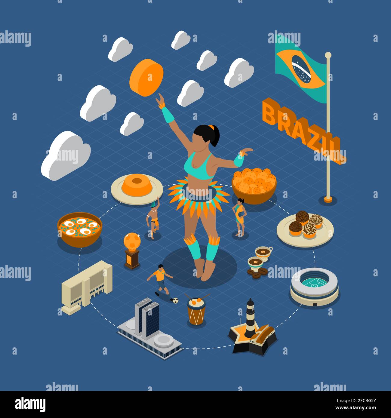 Top brasilianischen touristischen Attraktionen isometrische Symbole Komposition Poster mit berühmten christusstatue und Fußball Stadion Vektor Illustration Stock Vektor