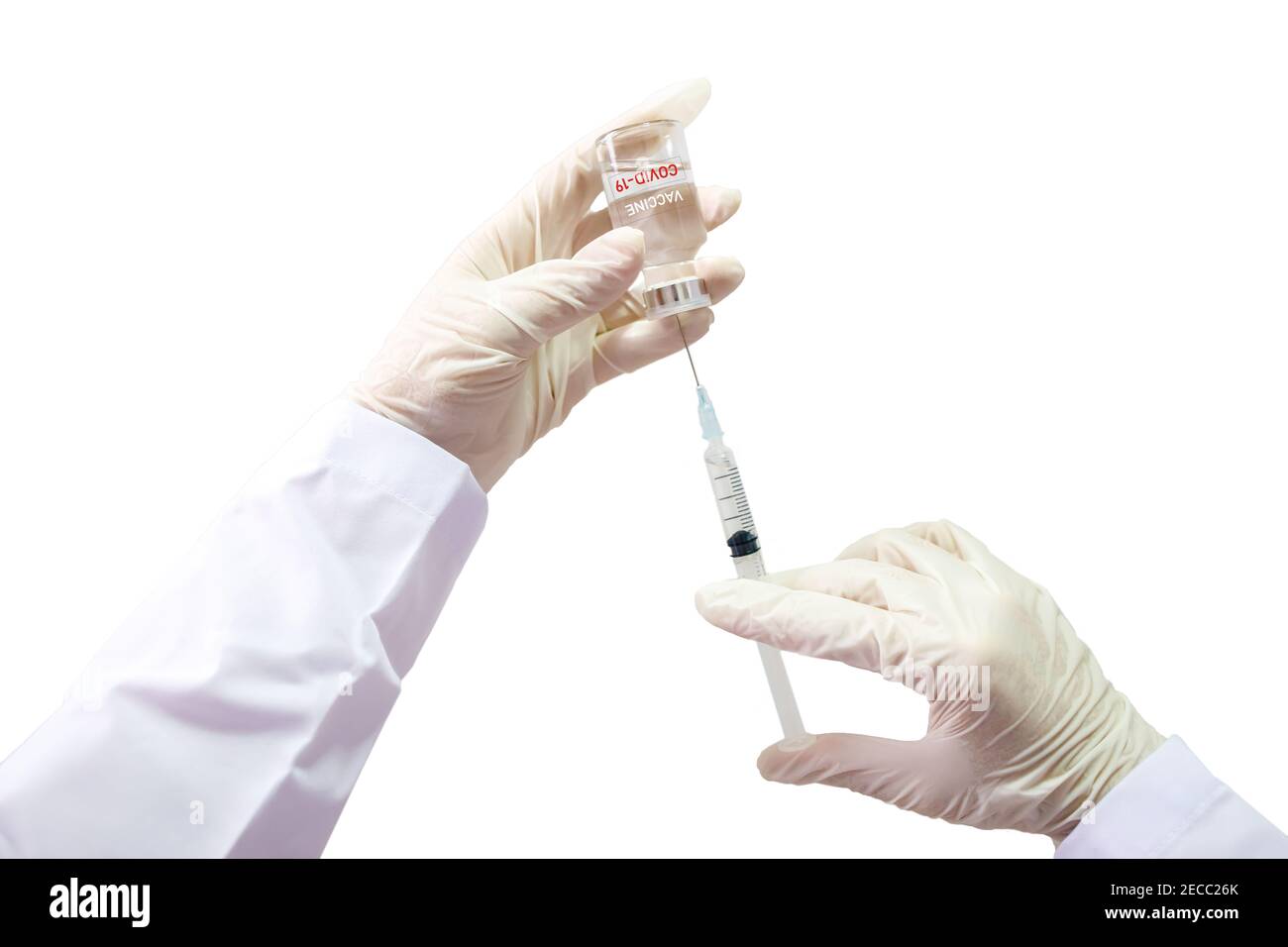 Entwicklung und Schaffung eines Coronavirus-Impfstoffs COVID-19. Coronavirus-Impfstoff-Konzept in der Hand des Arztes weißen Impfstoff-Glas. Impfstoff Konzept des Kampfes Stockfoto