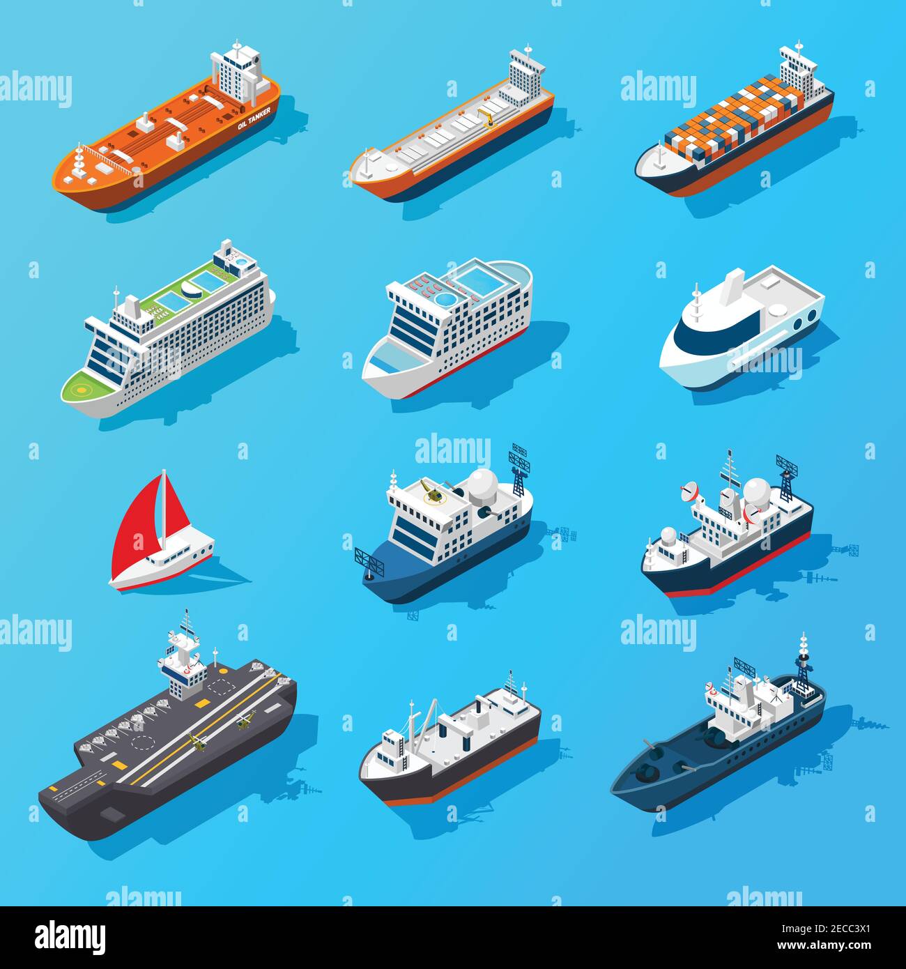 Schiffe Motorboote Segelyachten und Passagierschiffe isometrische Symbole gesetzt Auf Wasseroberfläche Banner isoliert Vektor Illustration Vektor Stock Vektor