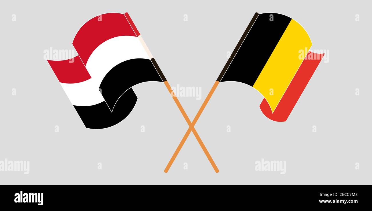 Gekreuzte und winkende Flaggen von Jemen und Belgien. Vektorgrafik Stock Vektor