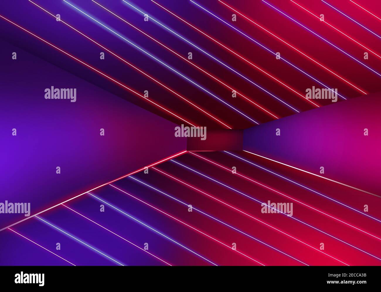 Glowing Lights in a 3D Room Abstract 3D gerenderte Illustration Mit Neonlicht auf Boden und Dach Stockfoto