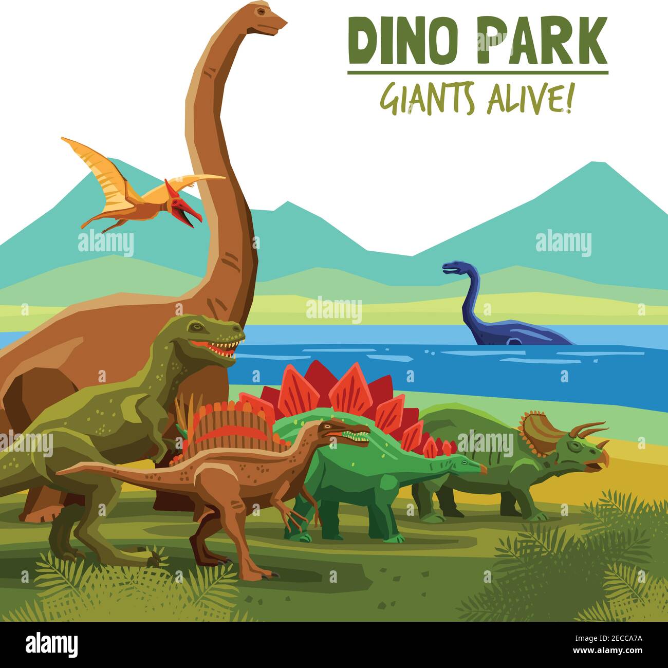 Verschiedene fliegende Schwimmen und Land Dinosaurier mit See und Berge Auf dem Hintergrund Dino Park Cartoon Poster Vektor Illustration Stock Vektor