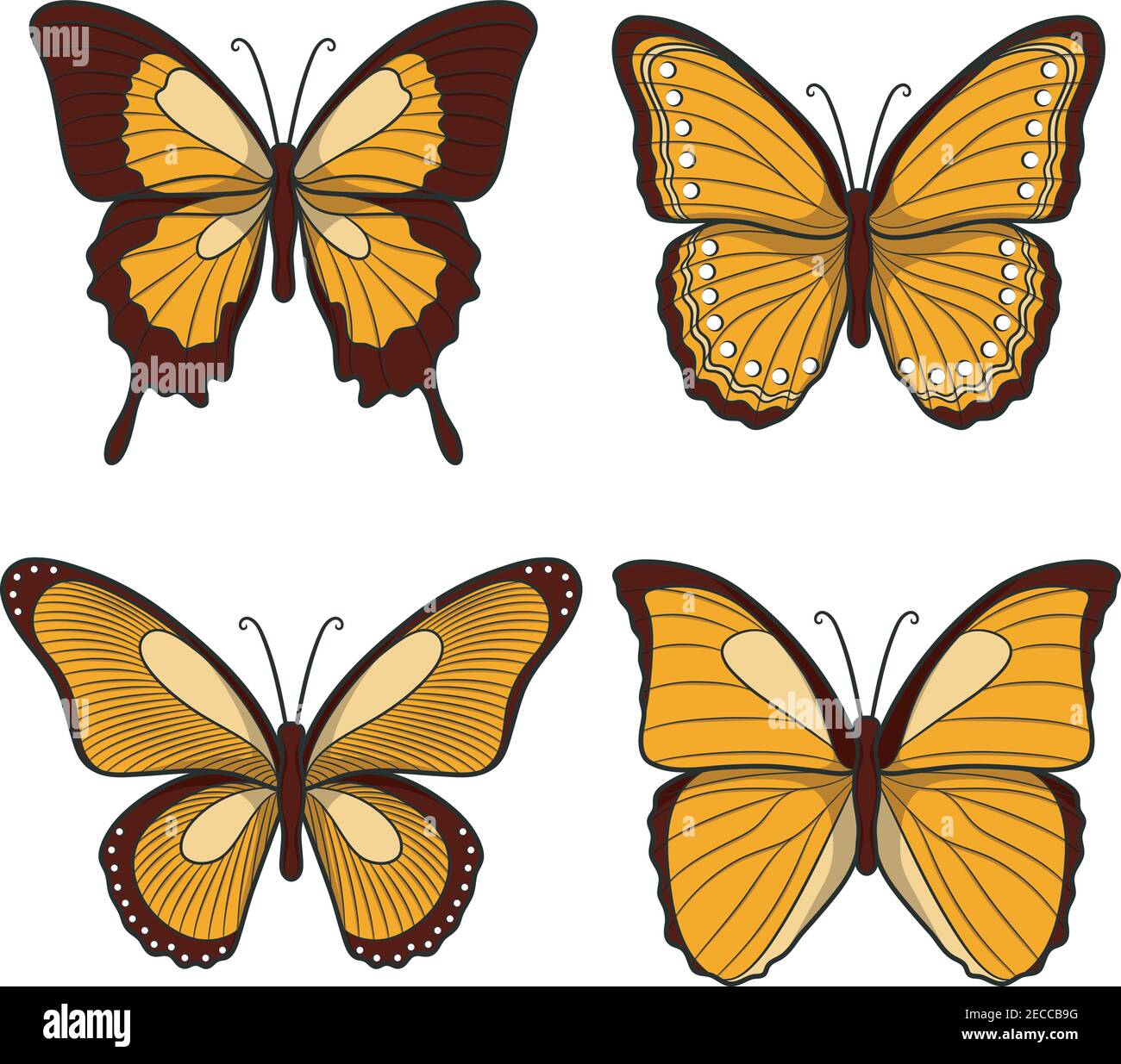 Set von gelben Vektor Schmetterlinge. Isolierte Objekte auf weißem Hintergrund. Stock Vektor