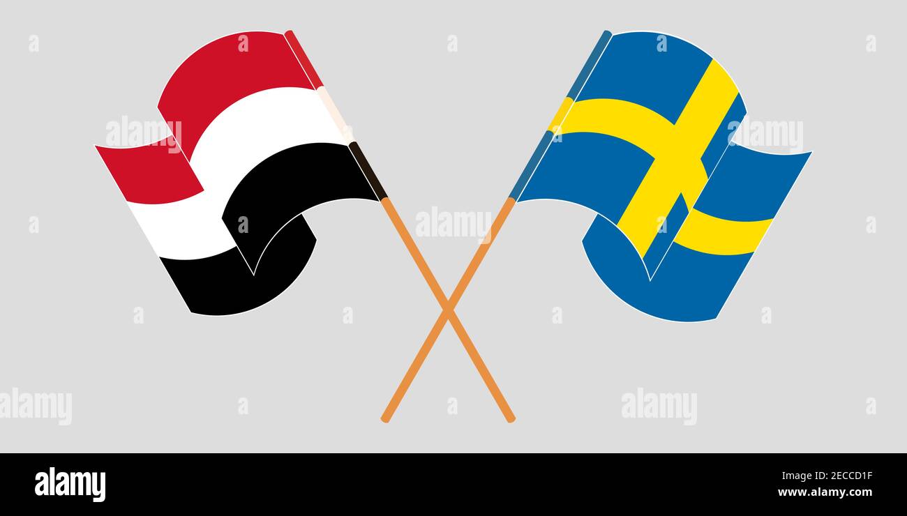 Gekreuzte und winkende Flaggen von Jemen und Schweden. Vektorgrafik Stock Vektor