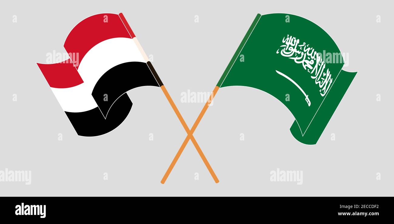 Gekreuzte und winkende Flaggen des Jemen und des Königreichs Saudi-Arabien. Vektorgrafik Stock Vektor