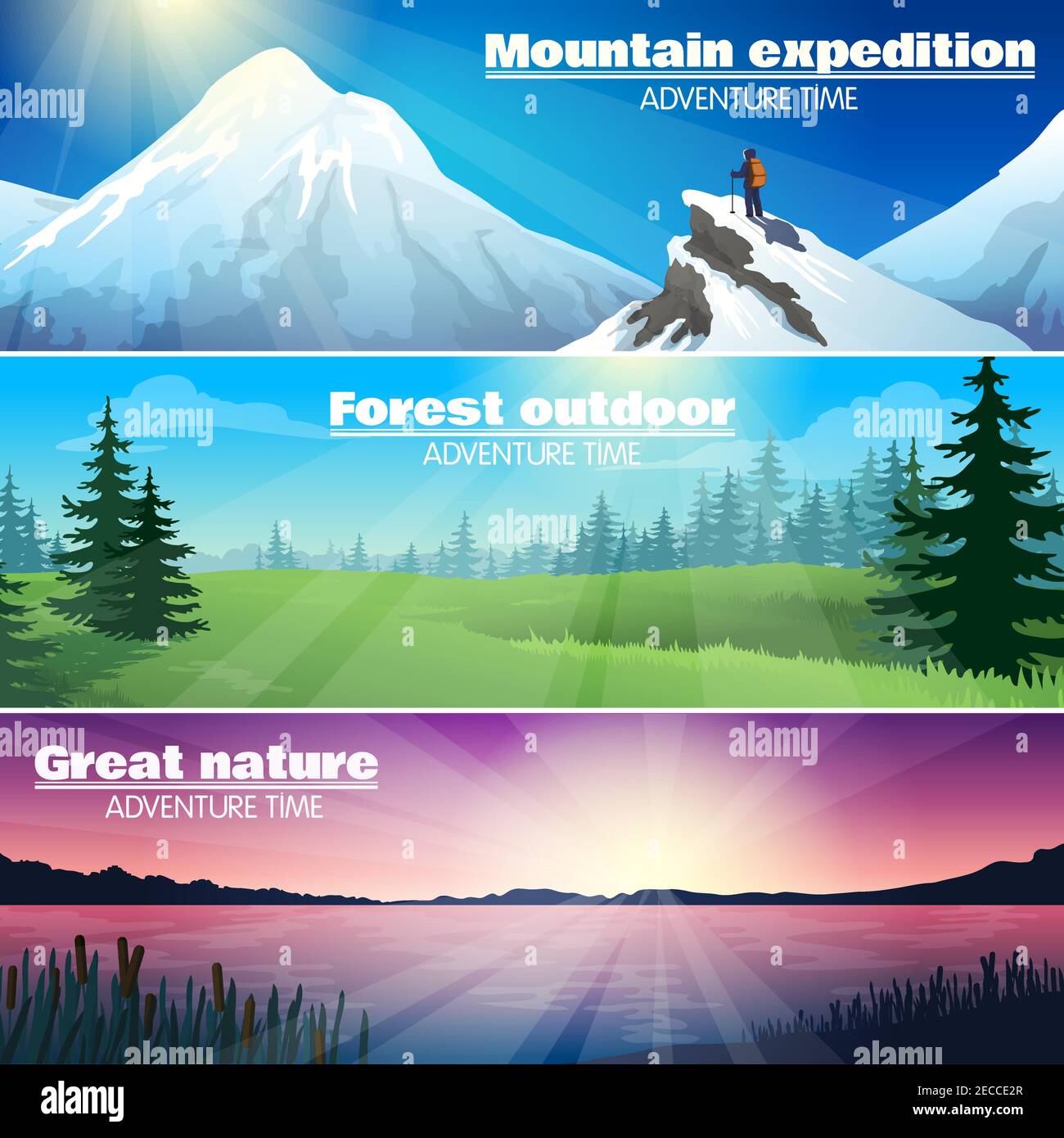 Camping Reisen Outdoor-Abenteuer 3 horizontale Banner mit Wald gesetzt Und verschneite Berge Landschaft abstrakte Illustration Vektor Stock Vektor