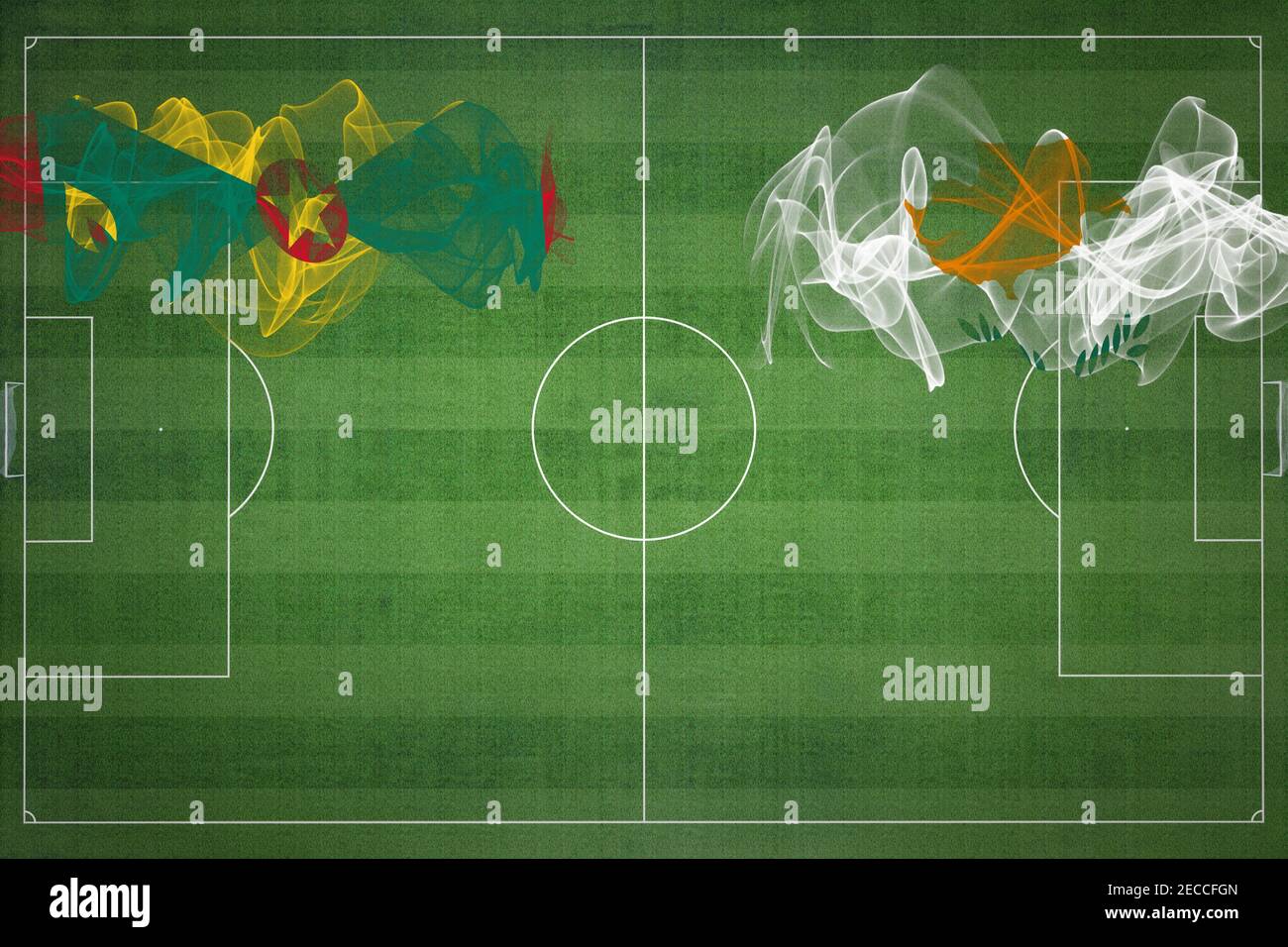 Grenada vs Zypern Fußballspiel, Nationalfarben, Nationalflaggen, Fußballfeld, Fußballspiel, Wettbewerbskonzept, Kopierraum Stockfoto