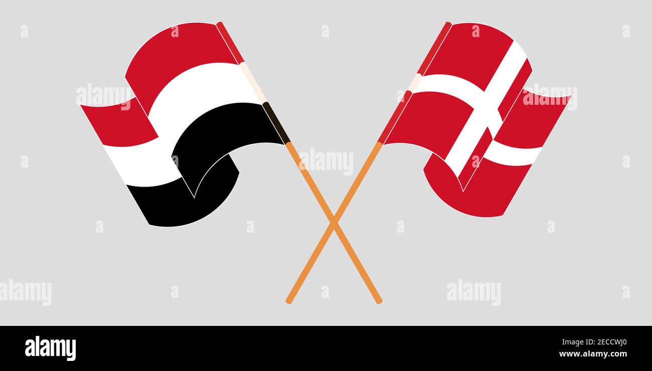 Gekreuzte und winkende Flaggen von Jemen und Dänemark. Vektorgrafik Stock Vektor