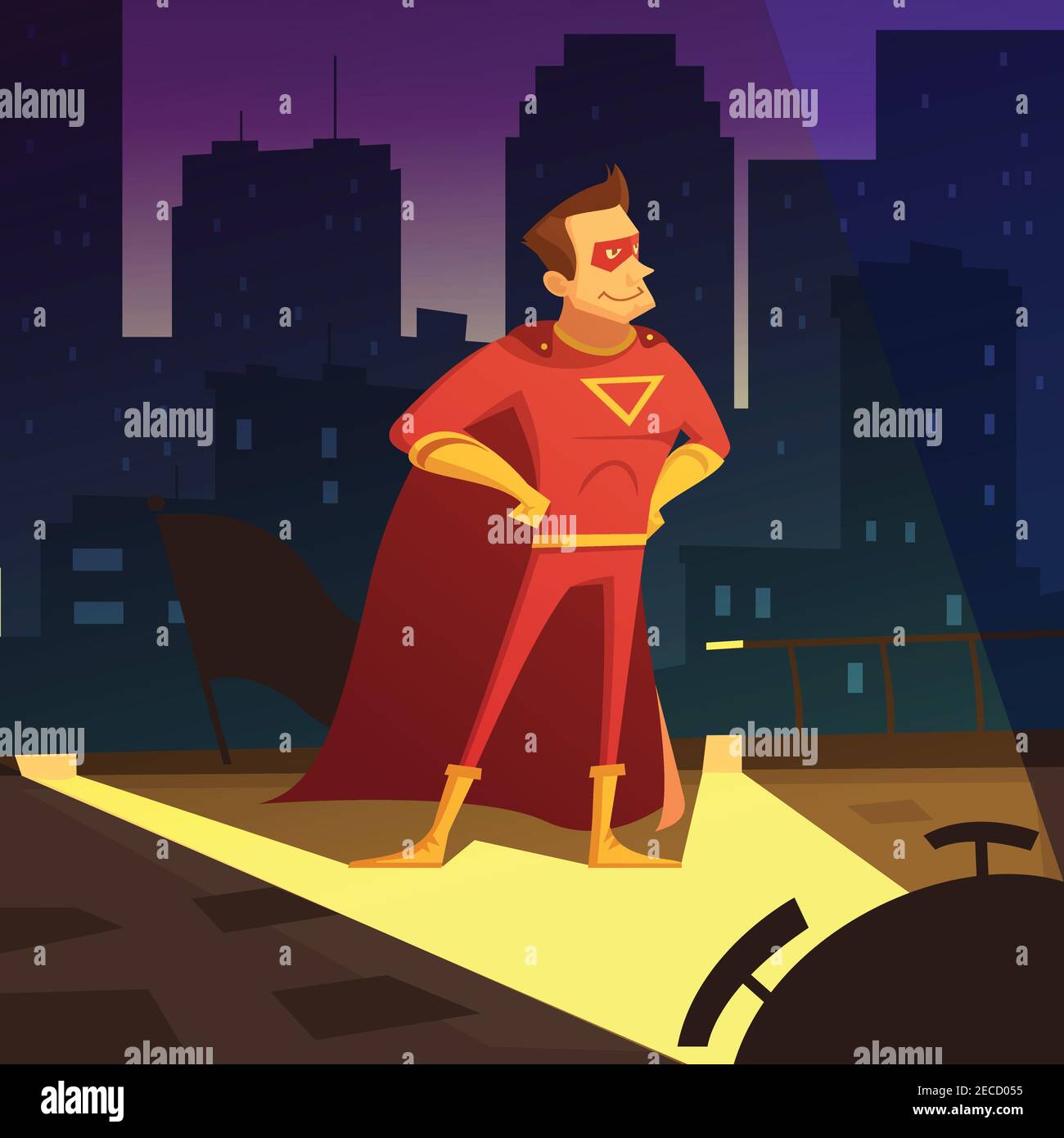 Superman in der Nacht Stadt Cartoon Hintergrund mit Wohnblöcken vektorgrafik Stock Vektor