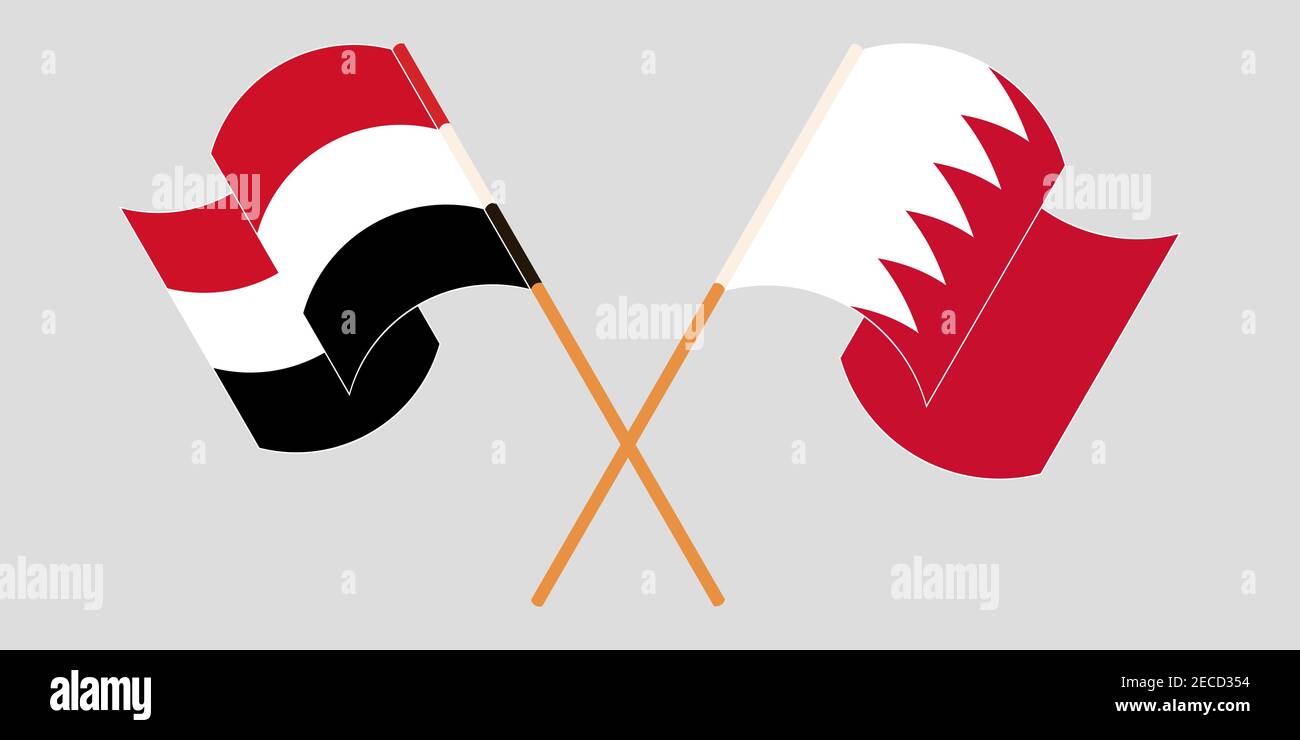 Gekreuzte und winkende Flaggen von Jemen und Bahrain. Vektorgrafik Stock Vektor