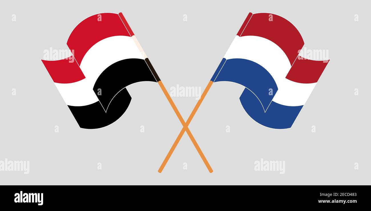 Gekreuzte und winkende Flaggen des Jemen und der Niederlande. Vektorgrafik Stock Vektor