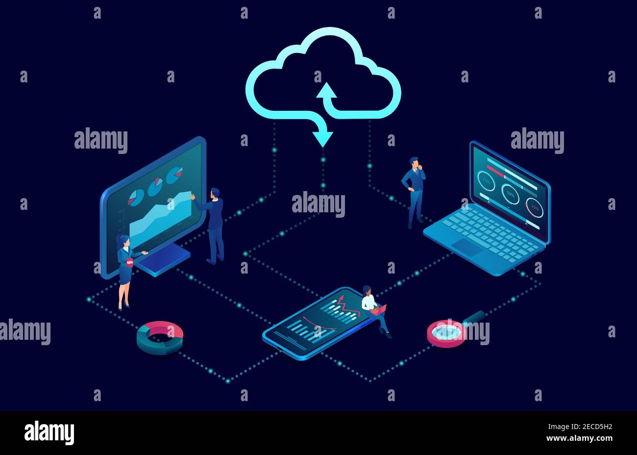 Vector Geschäftsleute mit Desktop-Computer und mobilen Geräten verbunden Zum Cloud-Server-Service Stock Vektor