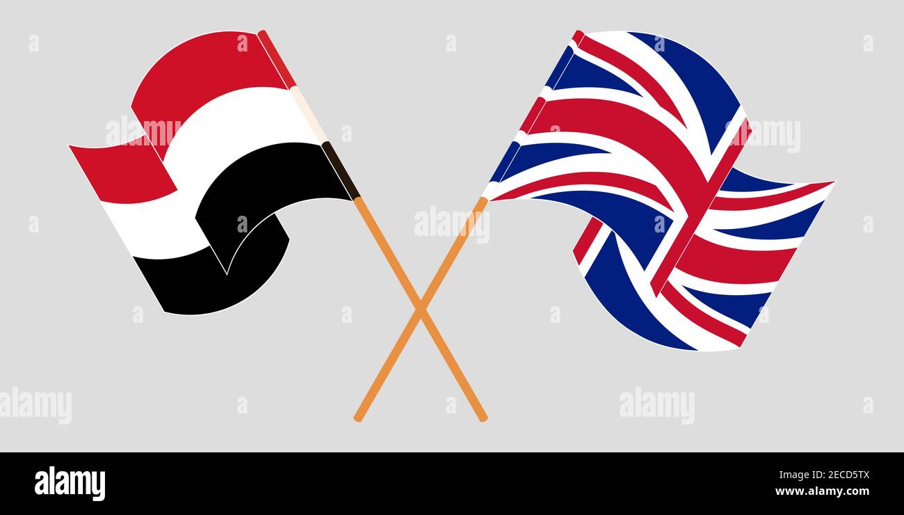Gekreuzte und winkende Flaggen von Jemen und Großbritannien. Vektorgrafik Stock Vektor