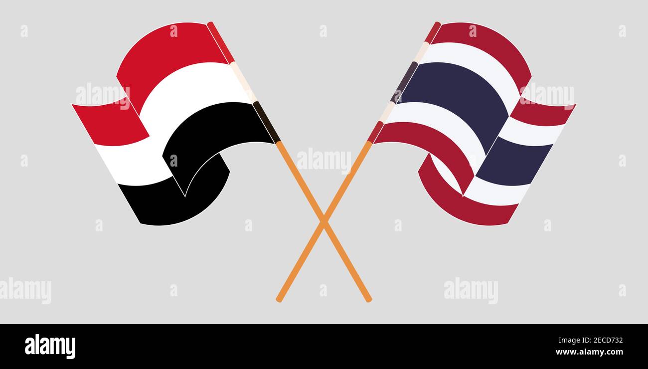 Gekreuzte und winkende Flaggen von Jemen und Thailand. Vektorgrafik Stock Vektor