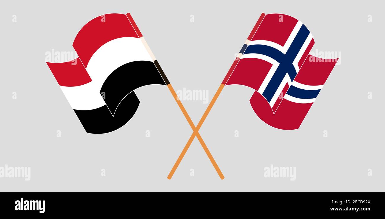 Gekreuzte und winkende Flaggen von Jemen und Norwegen. Vektorgrafik Stock Vektor