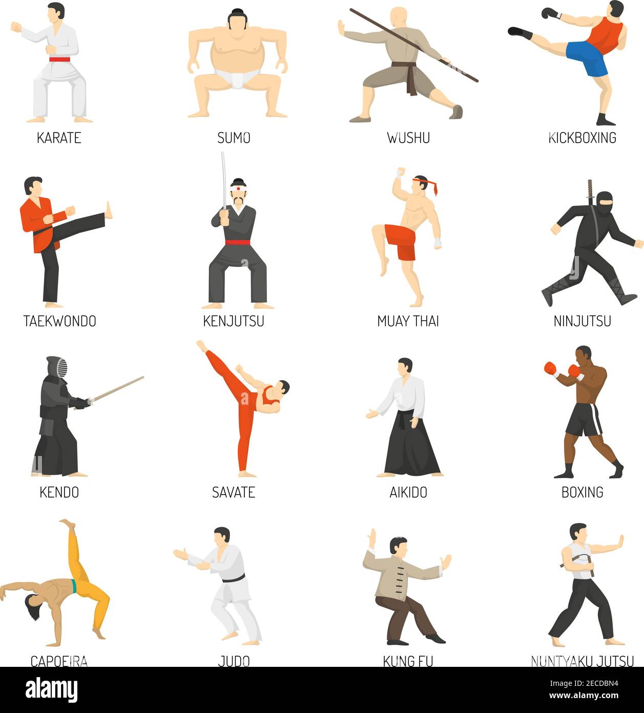 Martial Arts dekorative flache Ikonen Set mit Sumo Karate Judo ninja Taekwondo Kung Fu isolierte Vektor-Illustration Stock Vektor
