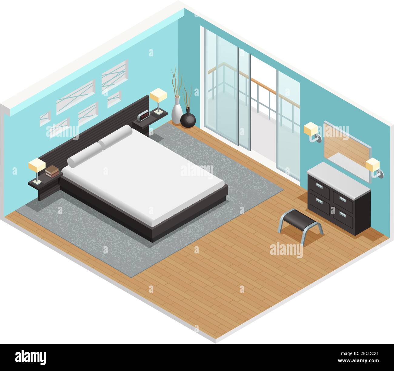 Schlafzimmer mit isometrischem Blick und Kingsize-Bett, Nachttisch, Teppich Und Balkon Schiebetüren abstrakte Vektor-Illustration Stock Vektor