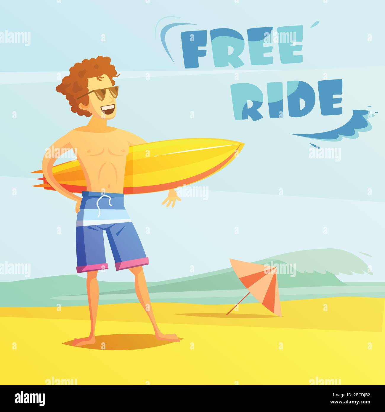 Surfen kostenlose Fahrt mit Surfer halten Surfbrett am Strand flach Retro Cartoon Vektor Illustration Stock Vektor