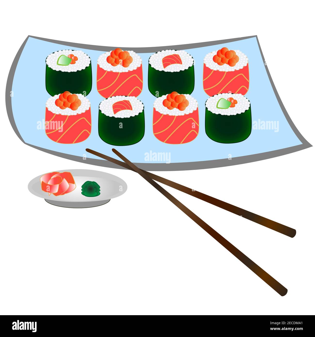 Set von fertigen Sushi und Rollen isoliert auf weißem Hintergrund. Ein traditionelles japanisches Gericht. Stock Vektor