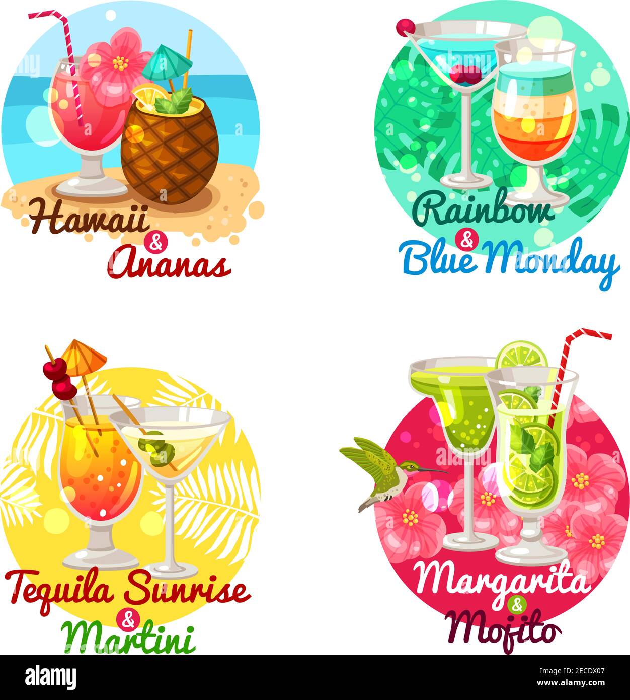 Flache Zusammensetzung 2x2 Darstellung Art von tropischen Cocktails in besonderen Brille mit Titelvektor Illustration Stock Vektor