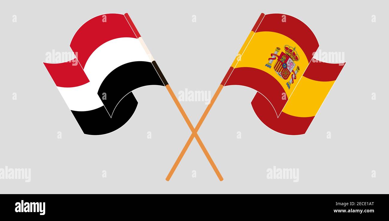 Gekreuzte und winkende Flaggen von Jemen und Spanien. Vektorgrafik Stock Vektor