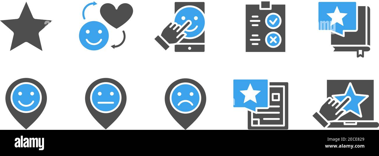 Satz von Kundenreferenzen farbige Symbole. Kundenbewertungen, Bewertungen, Feedback, soziale Netzwerke und vieles mehr. Stock Vektor