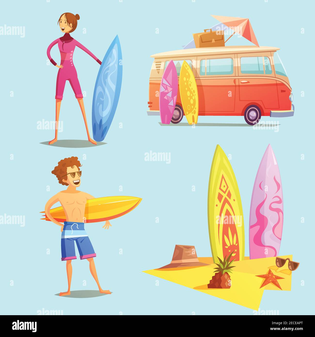 Surfen Retro Cartoon 2x2 Symbole mit Surfers Bus und gesetzt Surfbretter am Strand flach Retro Cartoon isoliert Vektor Illustration Stock Vektor