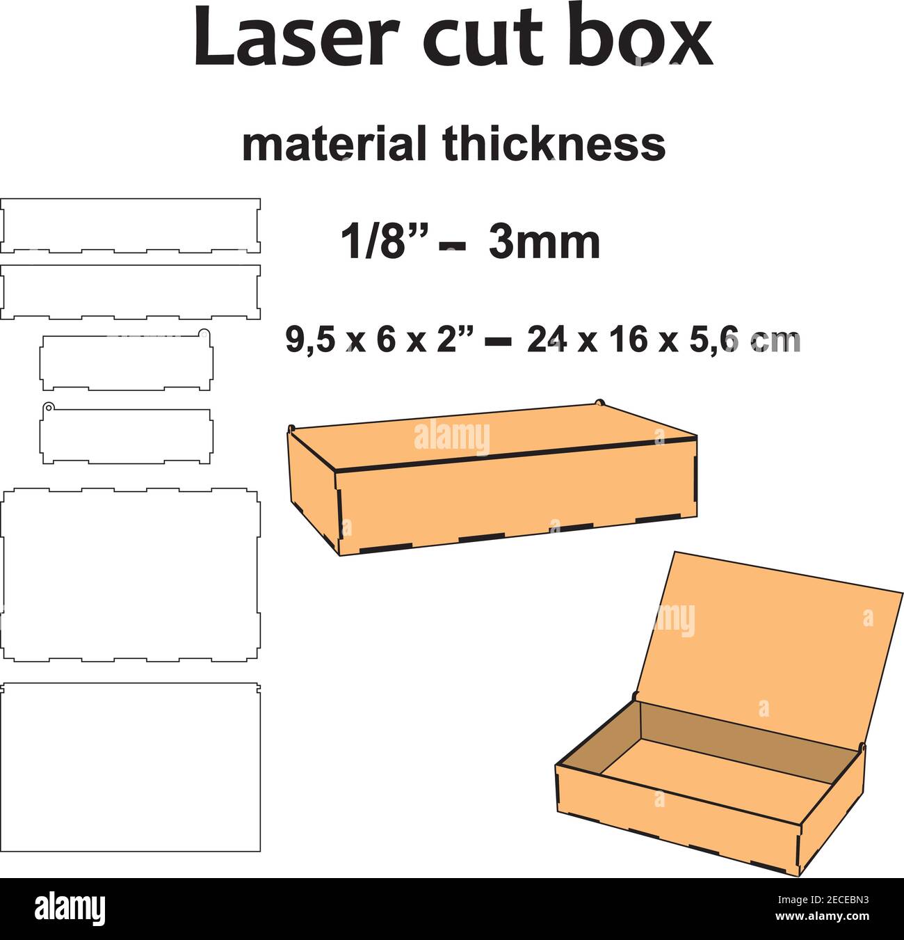 Laser Schnittmuster rechteckige Box Laser geschnitten Box Holzbox Mit Scharnieren Vektor Vorlage Holz Sperrholz mdf Acryl Design Stock Vektor
