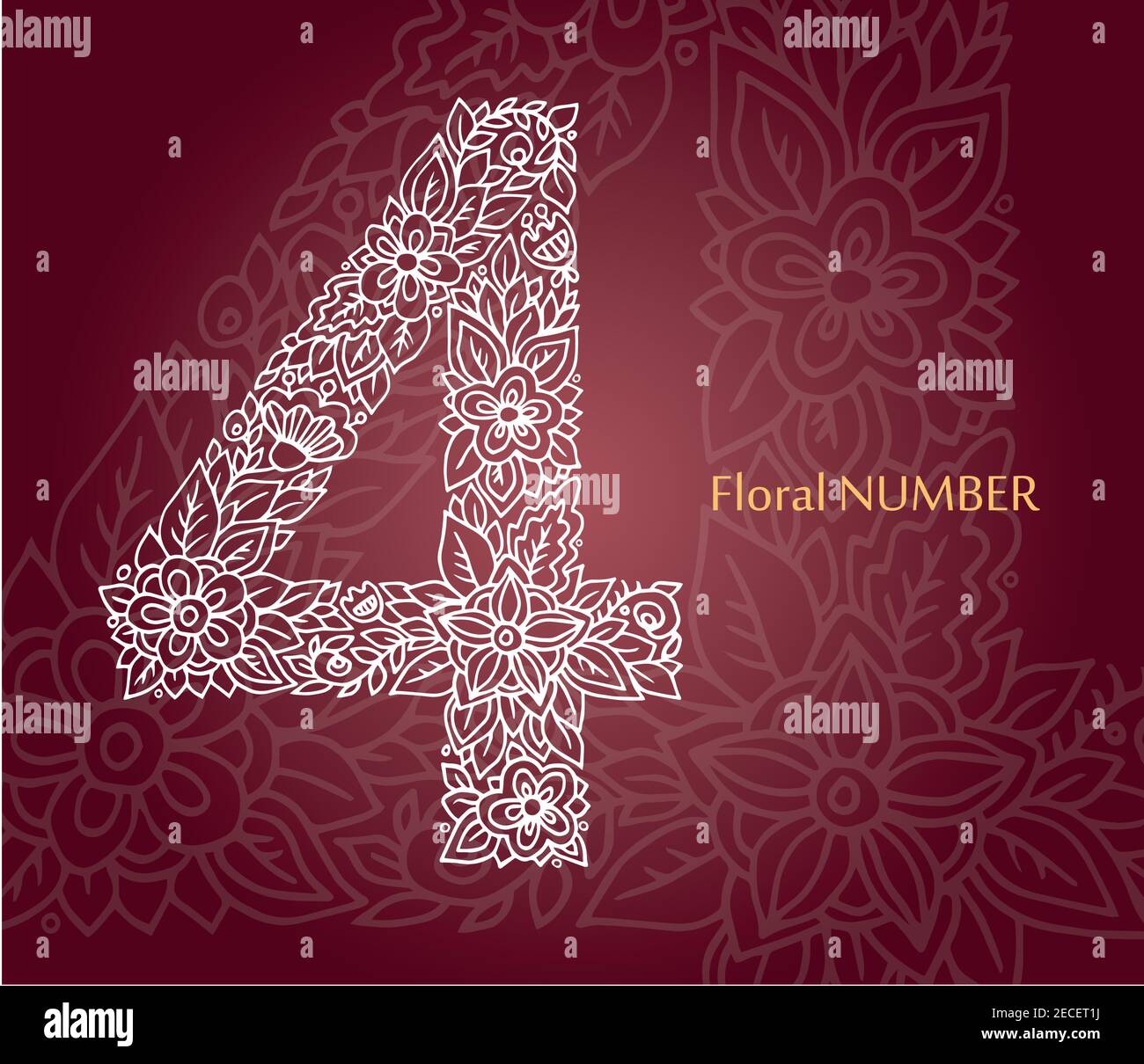 Blumenzahl 4 aus weißen Linienblättern und Blumen auf burgunderrotem Hintergrund. Typografisches Element für Design. Handgezeichnete Vektor-isolierte Illustration Stock Vektor