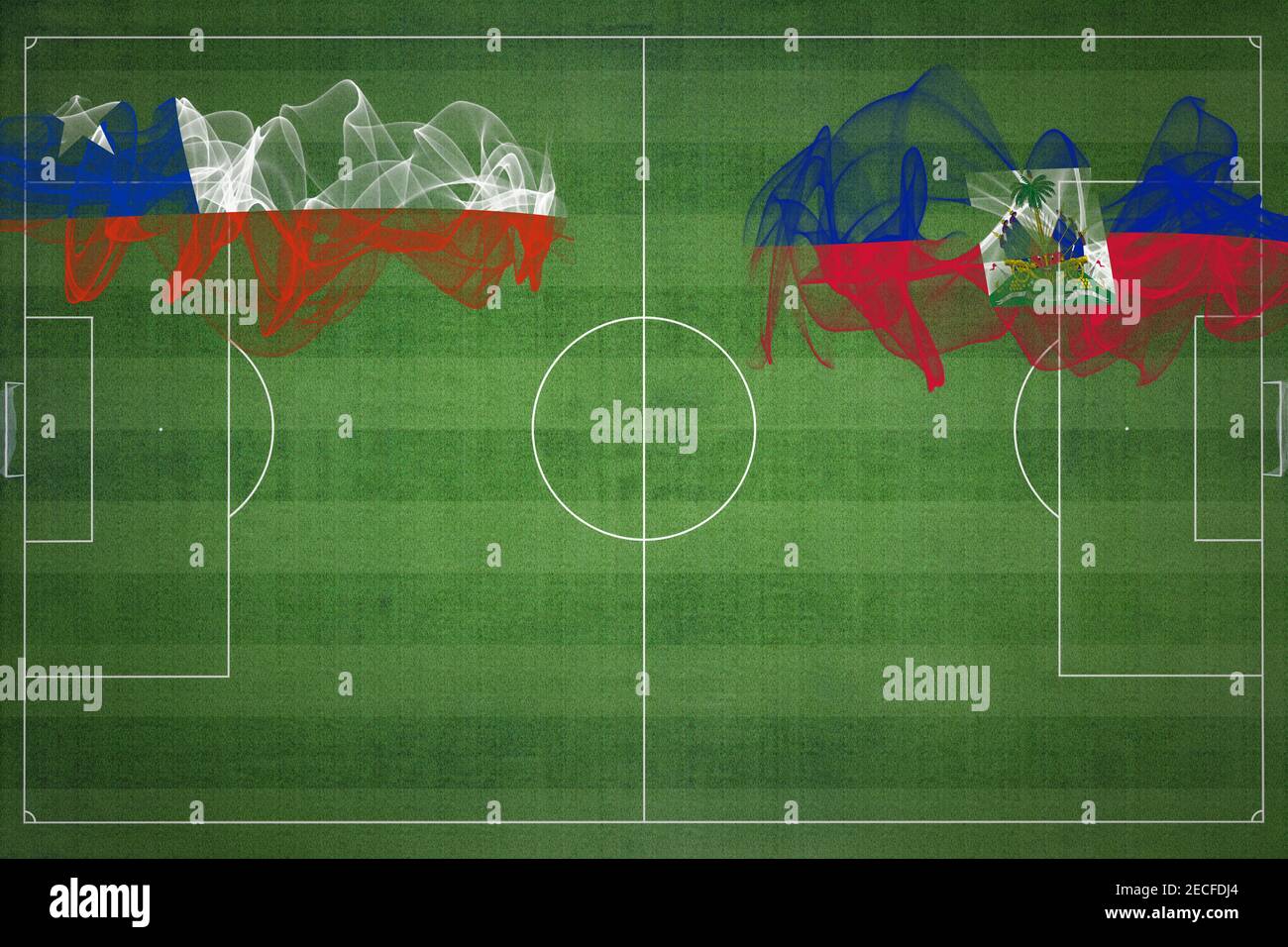 Chile vs Haiti Fußballspiel, Nationalfarben, Nationalflaggen, Fußballfeld, Fußballspiel, Wettbewerbskonzept, Kopierraum Stockfoto