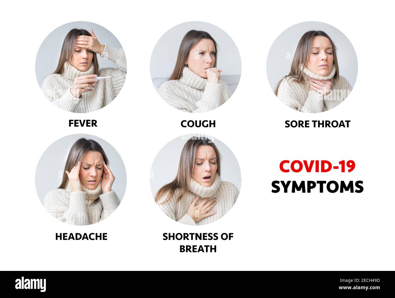 Häufige Symptome von COVID-19. Kranke Frau mit Coronavirus-Infektion Symptome Stockfoto
