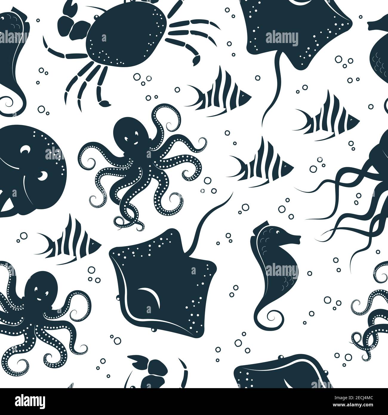 Meer Unterwasser Tiere und Ozeanfische flach handgezeichnete Silhouette nahtlose Muster auf weißem Hintergrund für den Druck, Textilien, Tapete, Verpackung Stock Vektor