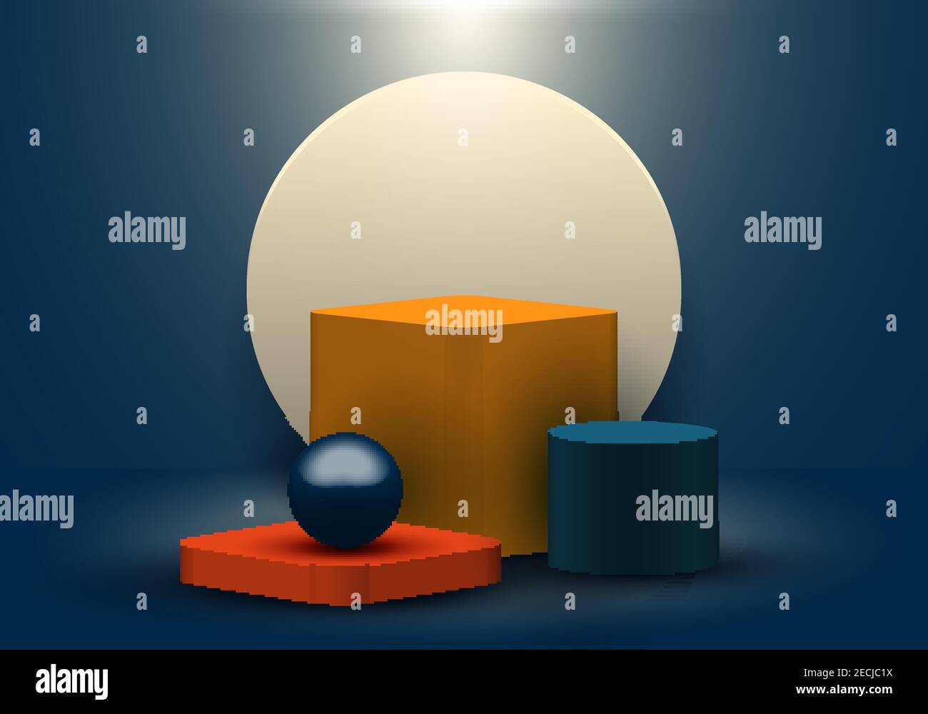 3D realistische geometrische Formen blau, gelb, rot Farbe Produktregal stehende Kulisse mit Kreis leer Podest Podium Display auf dunkelblau backgroun Stock Vektor 3D realistische geometrische Formen blau, gelb, rot Farbe Produktregal stehende Kulisse mit Kreis leer Podest Podium Display auf dunkelblau backgroun Stock Vektor