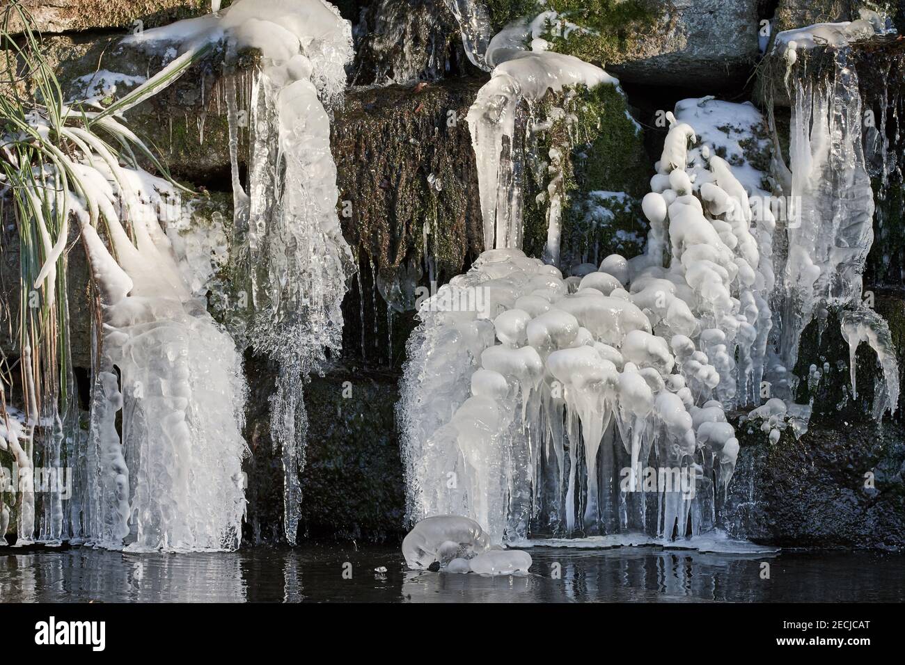 Nahaufnahme von großen gefrorenen Eiszapfen, die im Winter am Wasserfall hängen Stockfoto