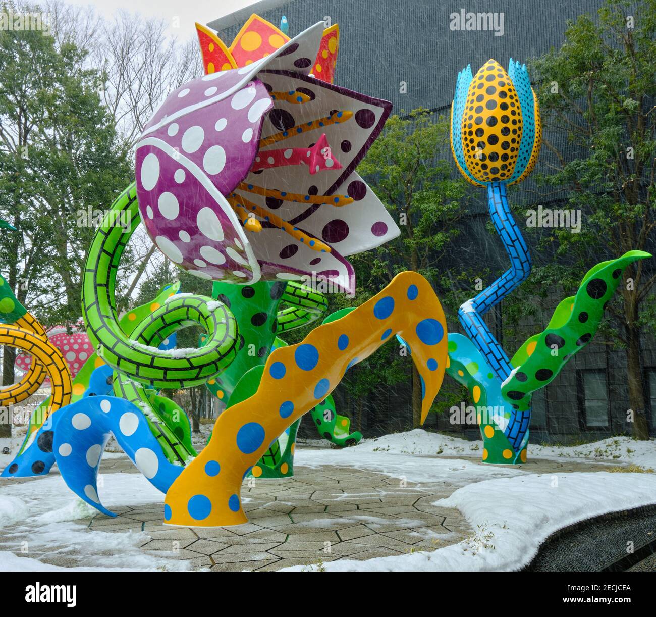 Polka Dot Flowers Skulptur von Yayoi Kusama, im Stadtmuseum mit ihrer Arbeit in Matsumoto während eines Schneesturms Stockfoto